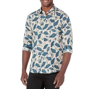 Paul Smith Men's Long Sleeve Regular Fit Button Up Shirt Blue Tan Floral SM